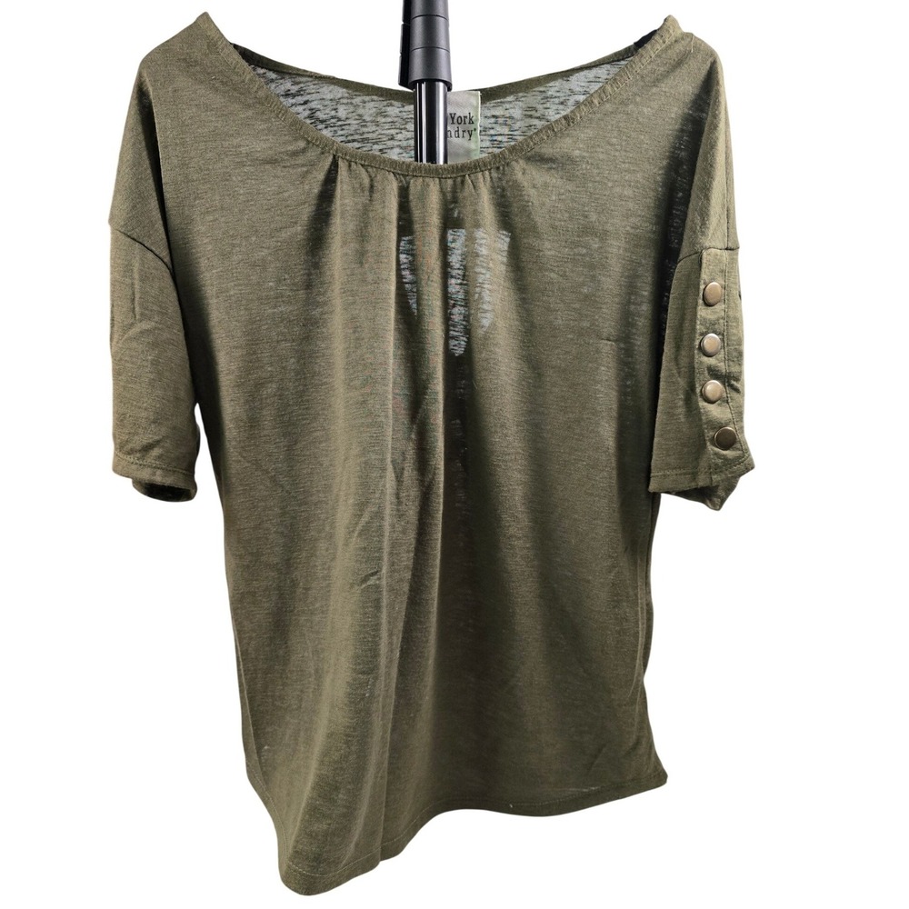 New York Laundry Olive Green Modal Blend Button Sleeve Keyhole Back Top Large
